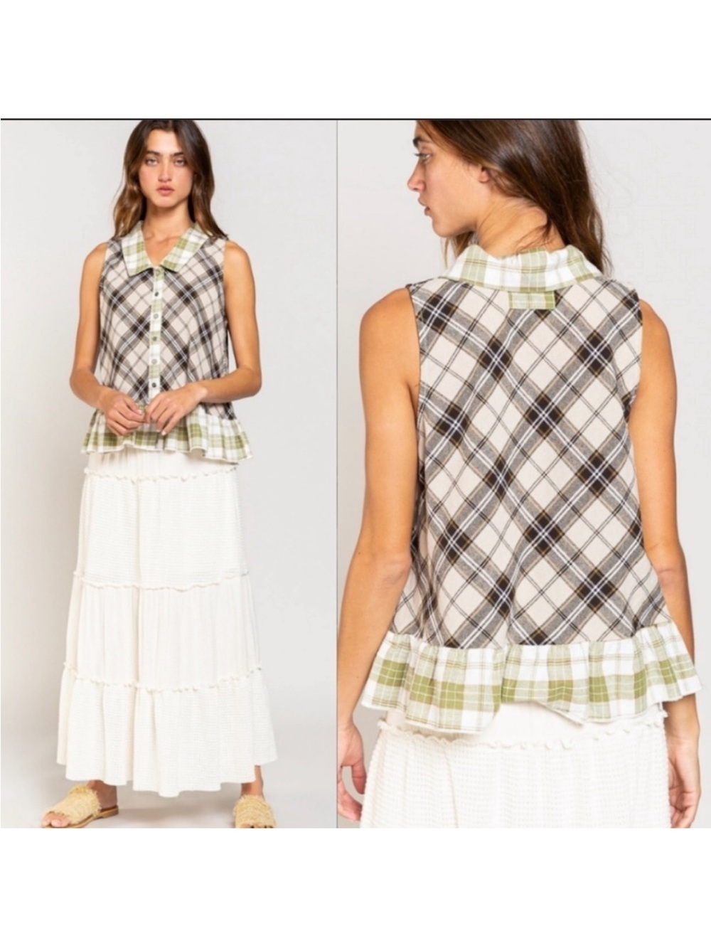 POL Sleeveless Plaid Button-Front Ruffle Hem Top - Green/Brown